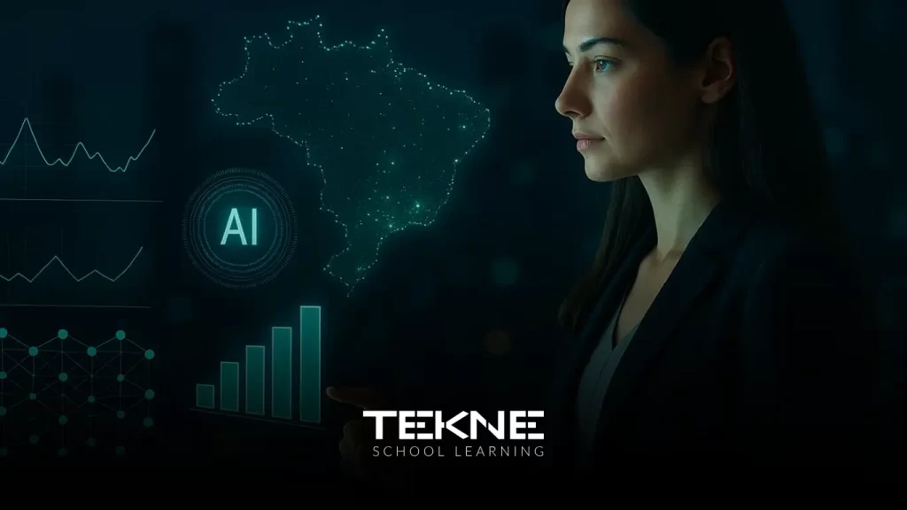 Profissional observando dados de IA e mapa do Brasil, representando o futuro da carreira em dados no país